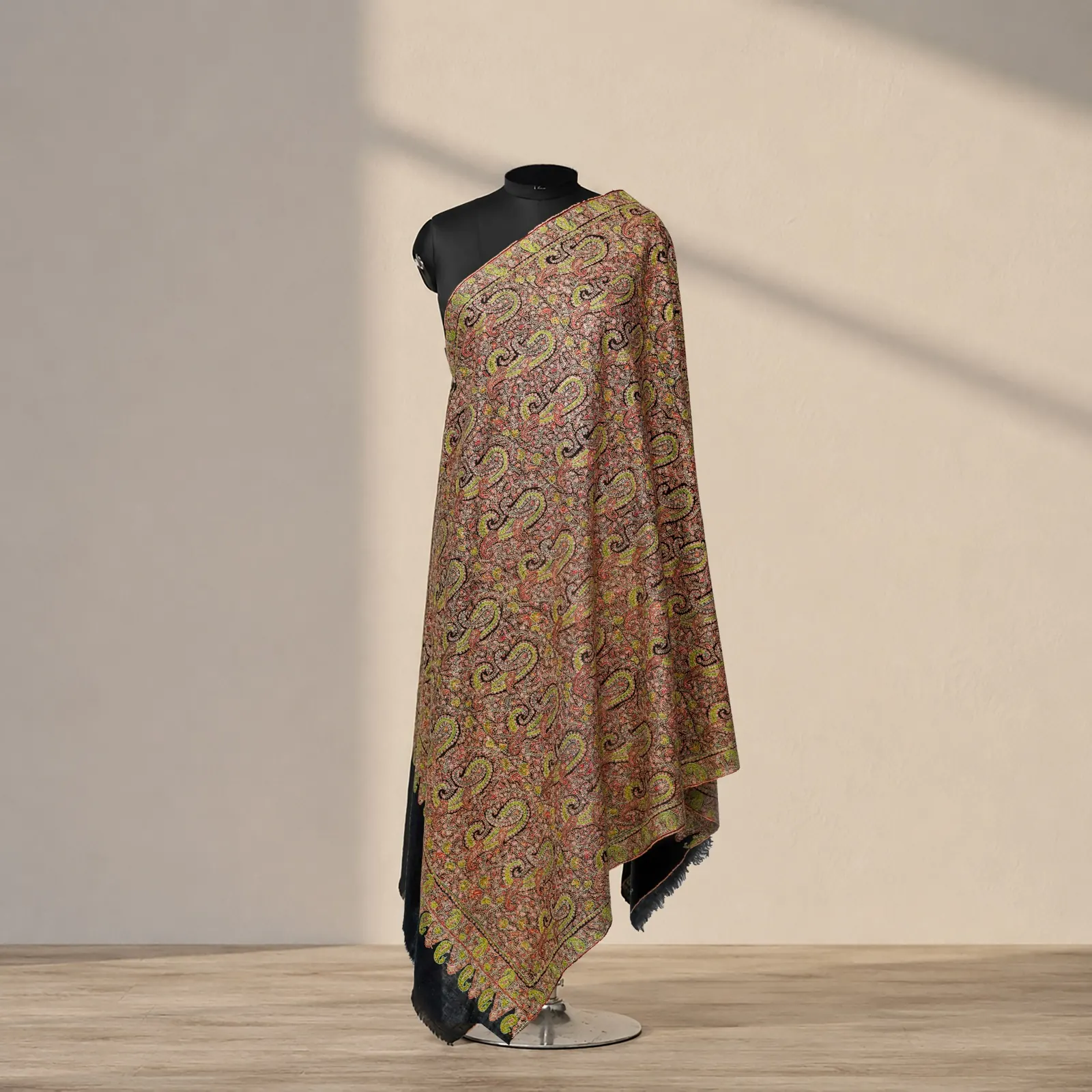 The same tan paisley shawl seen from the side.