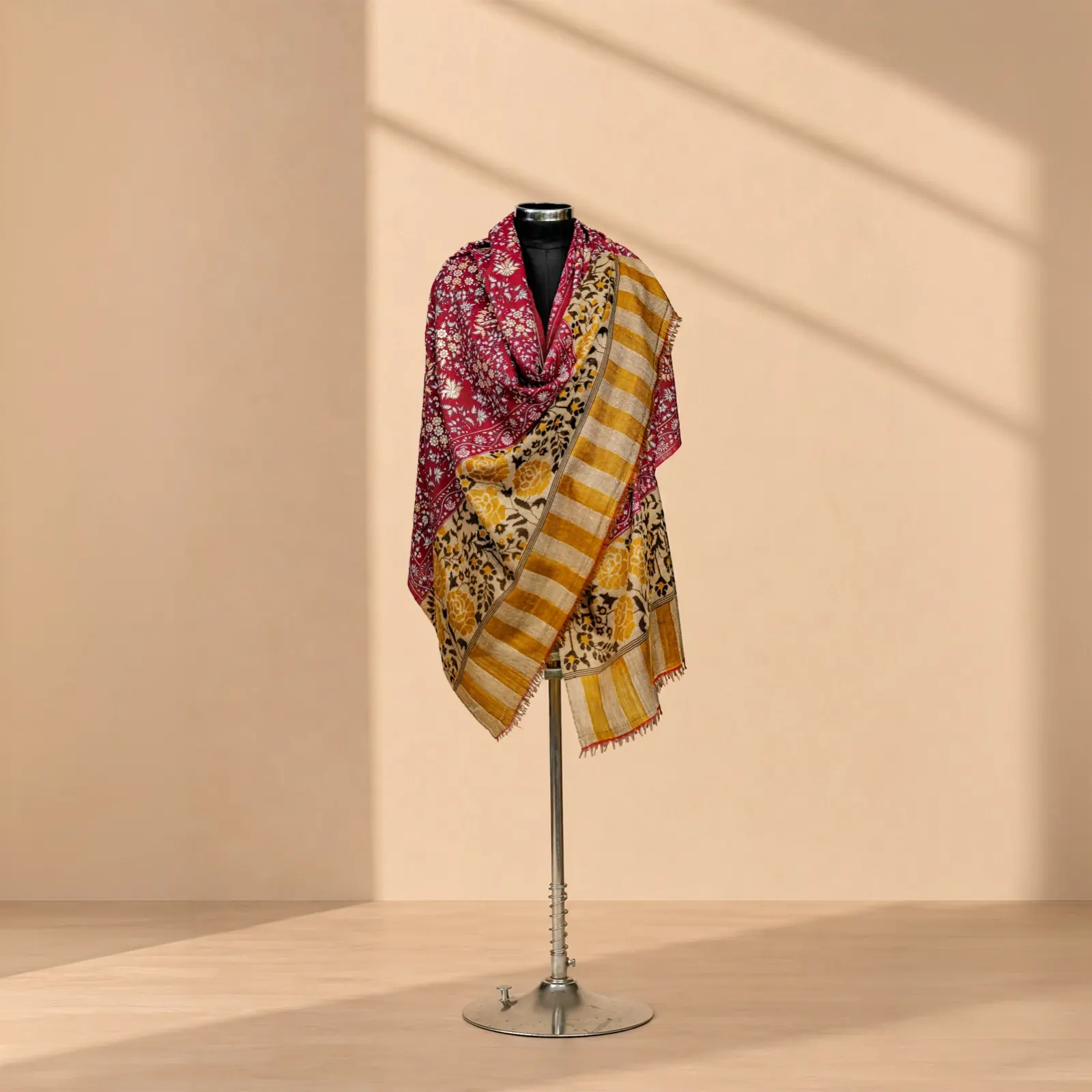 Shawl where a crimson floral field meets a gold and black check across the same cloth.