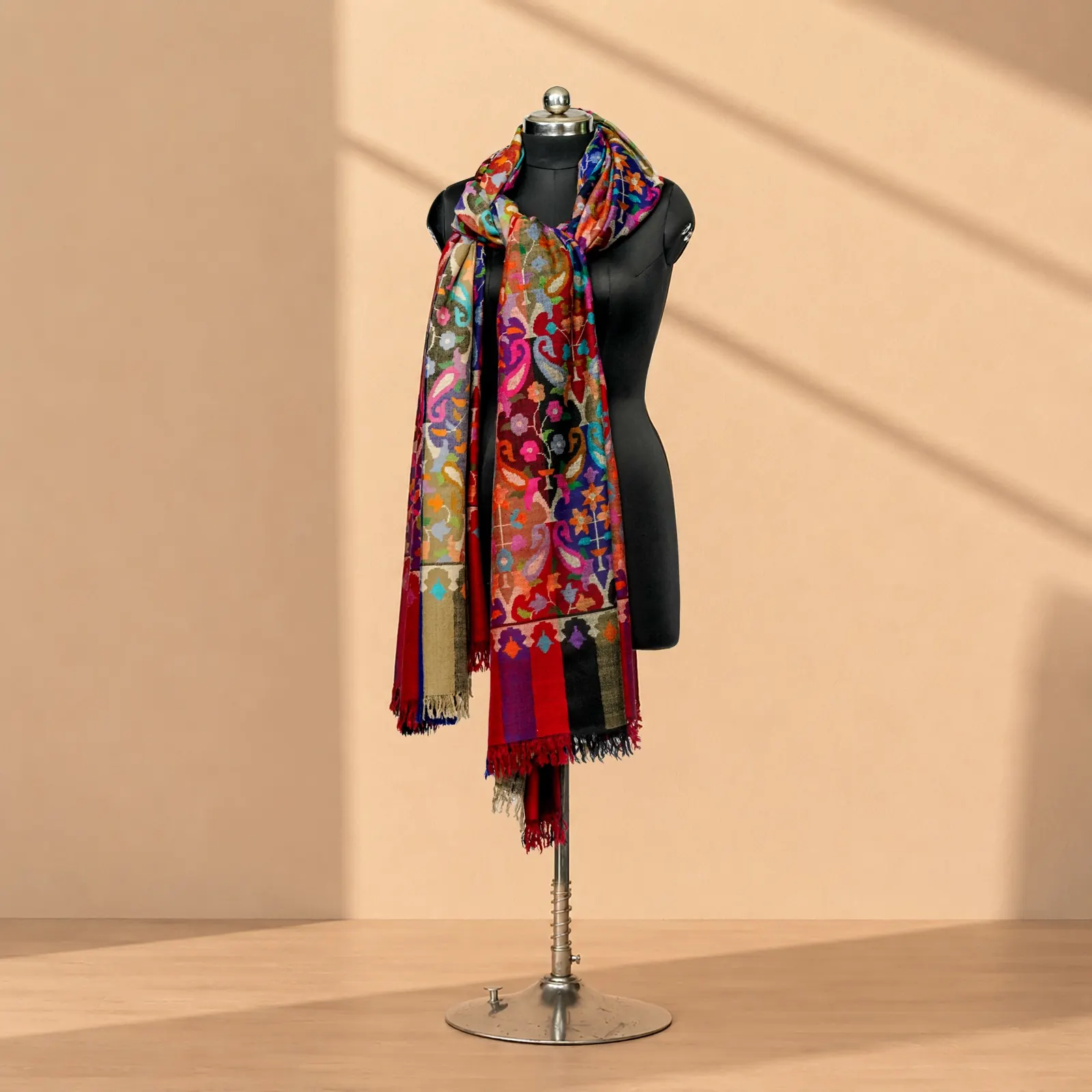 Narrow stole packed with colour along its length, finished with red and black striped ends.