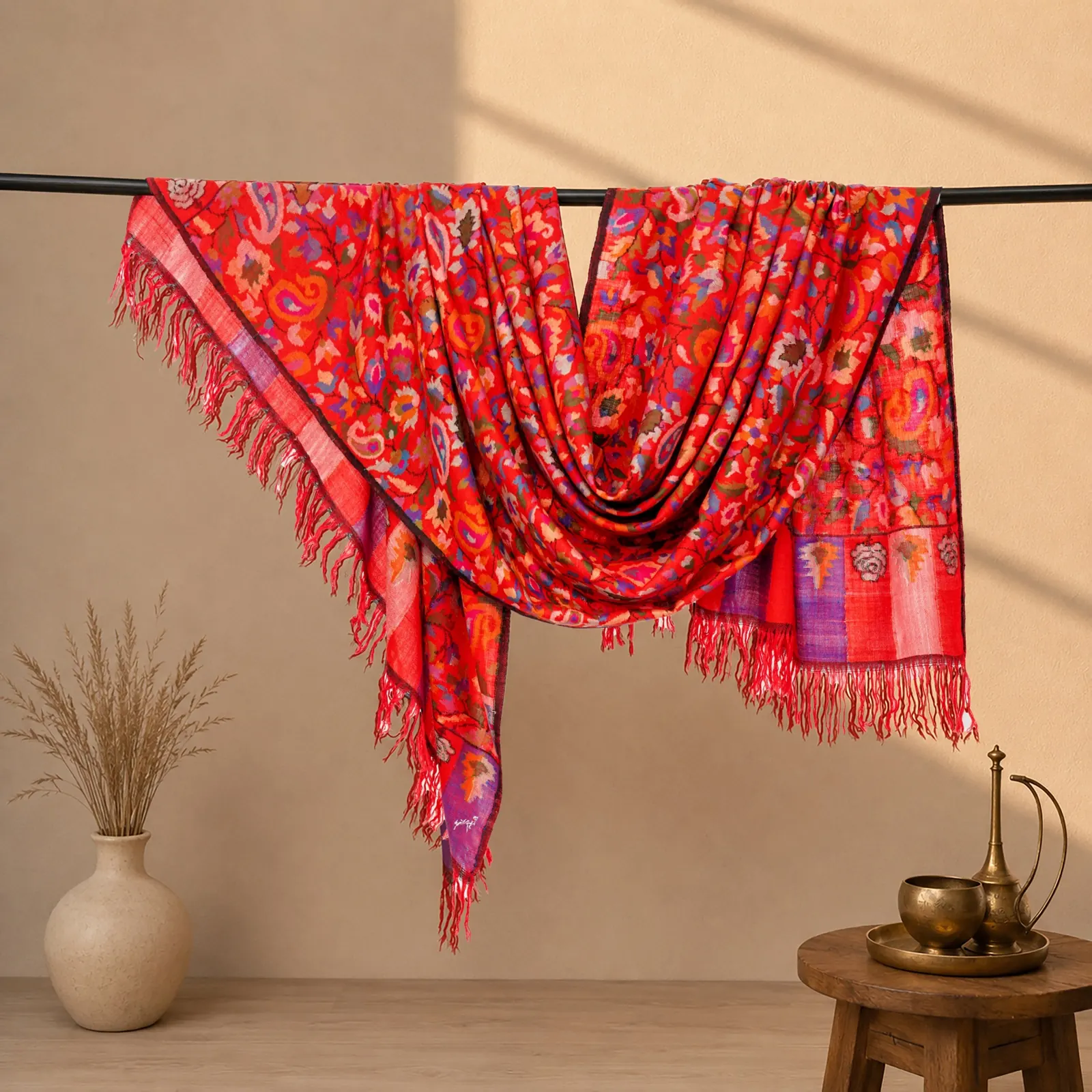 The same scarlet shawl hung and styled with a brass pot and dried grass.