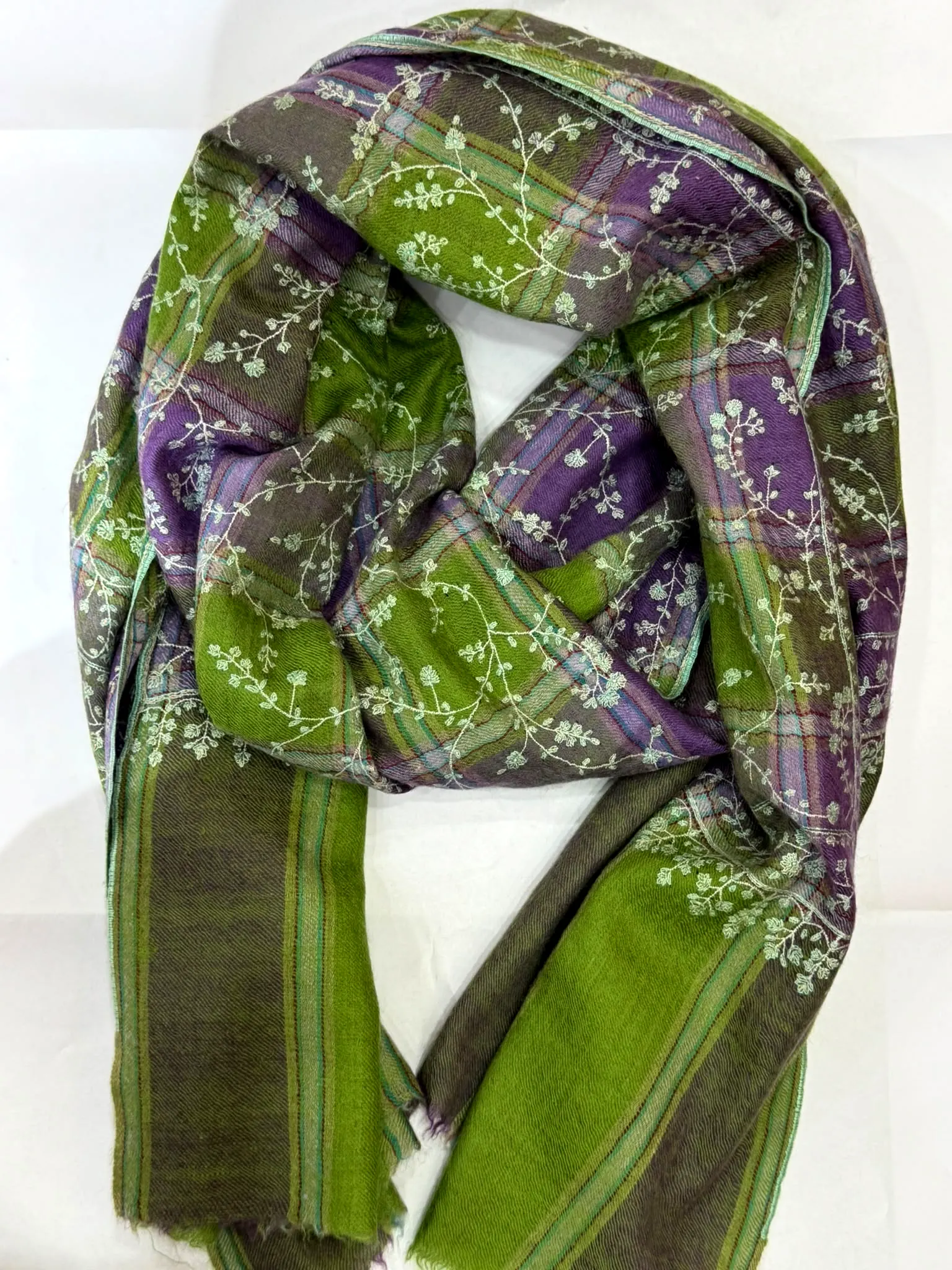 Lime green and purple check stole with ivory needlework.